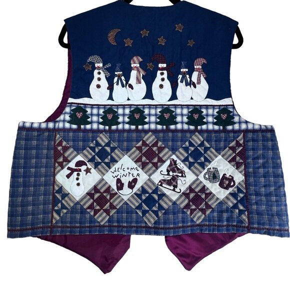 Vtg Handmade Quilted Vest Womens LG Patchwork Welcome Winter Snowman Skates Tree - Picture 4 of 12